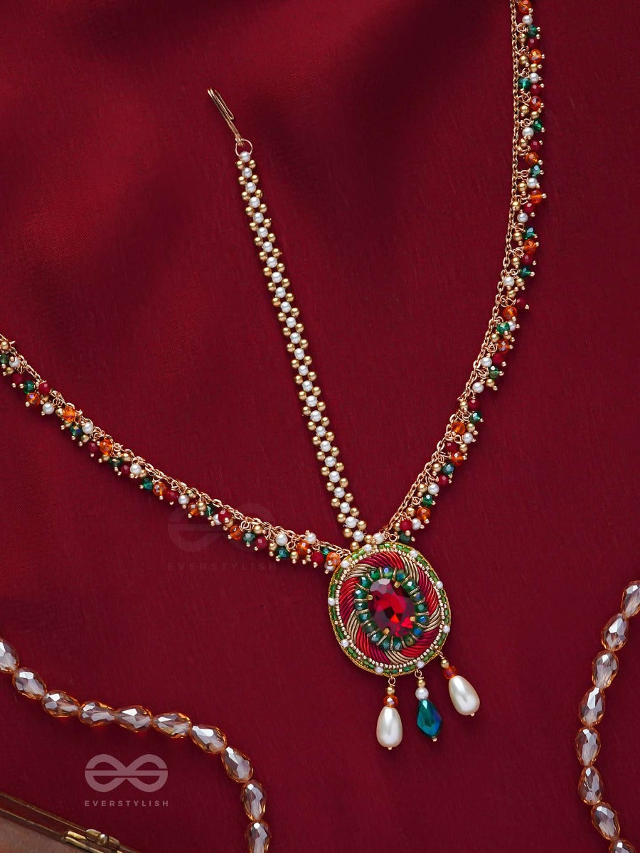 Madhuvardha - A Red Cloud - Stone And Beads Embroidered Maangtika
