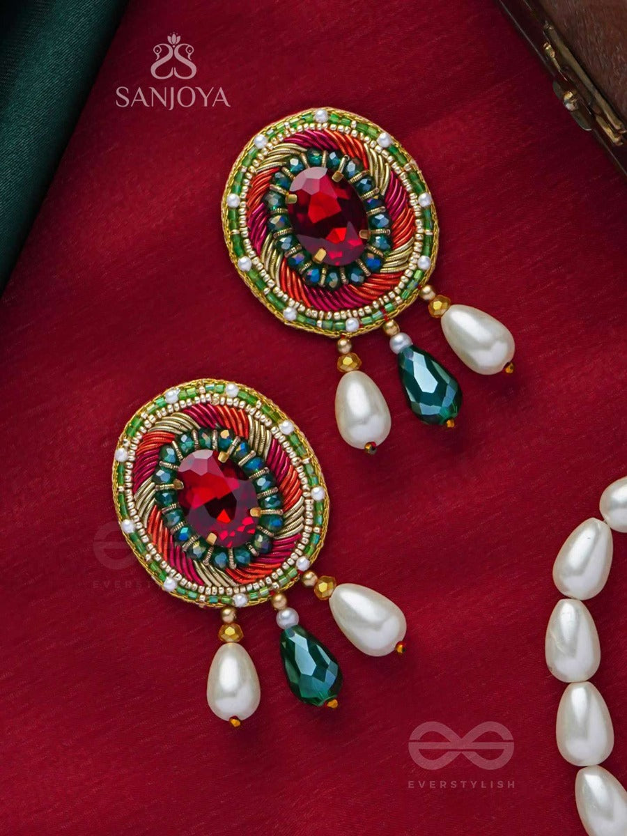 Arunratna - The Red Gem - Beads, Pearls And Stone Embroidered Earrings (Multicolor)