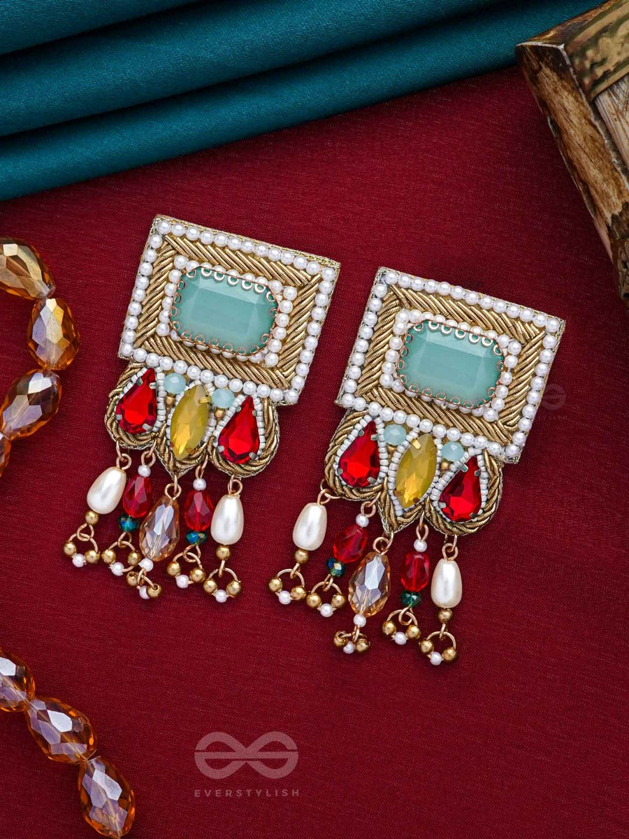 Anagha - The Sunset Splendor - Stones, Beads And Glass Drop Embroidered Earrings