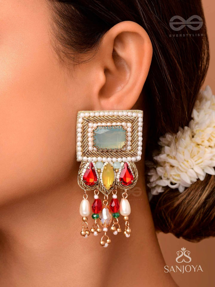 Anagha - The Sunset Splendor - Stones, Beads And Glass Drop Embroidered Earrings