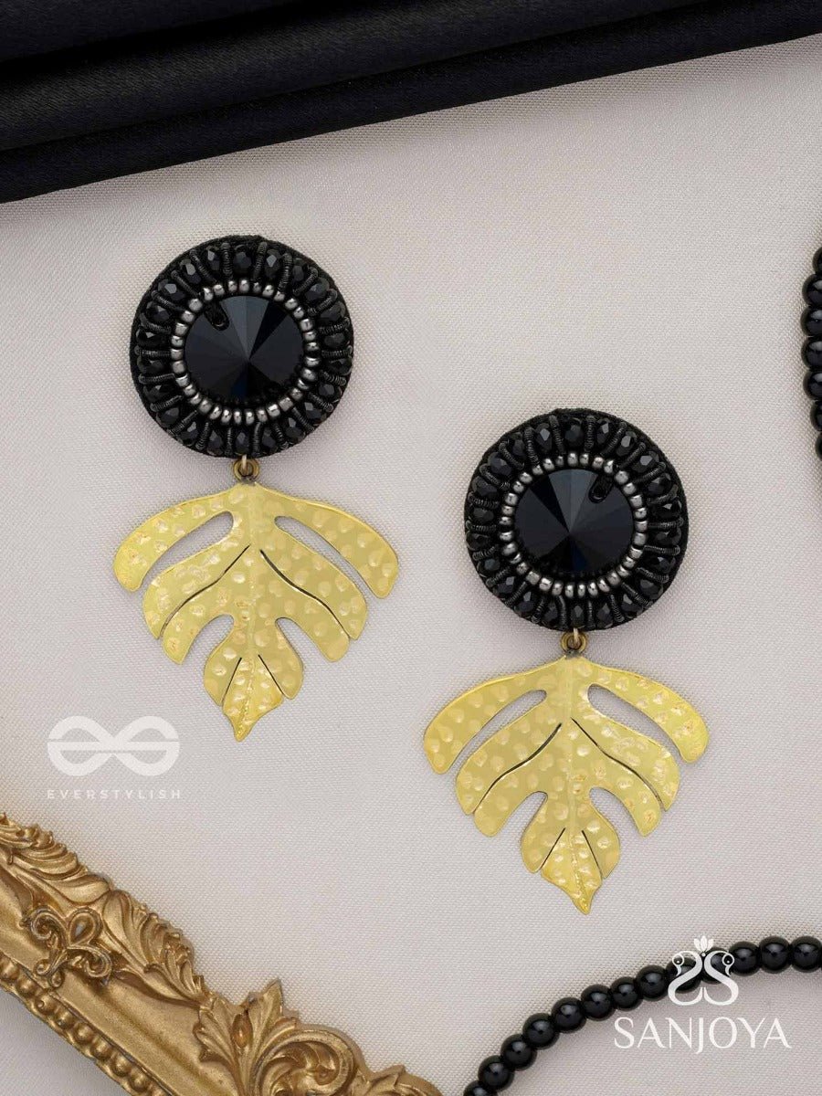 Shravaka - The Dark Leaf - Stone And Beads Embroidered Earrings