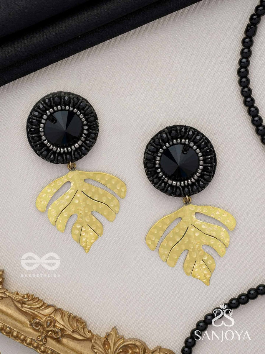 Shravaka - The Dark Leaf - Stone And Beads Embroidered Earrings