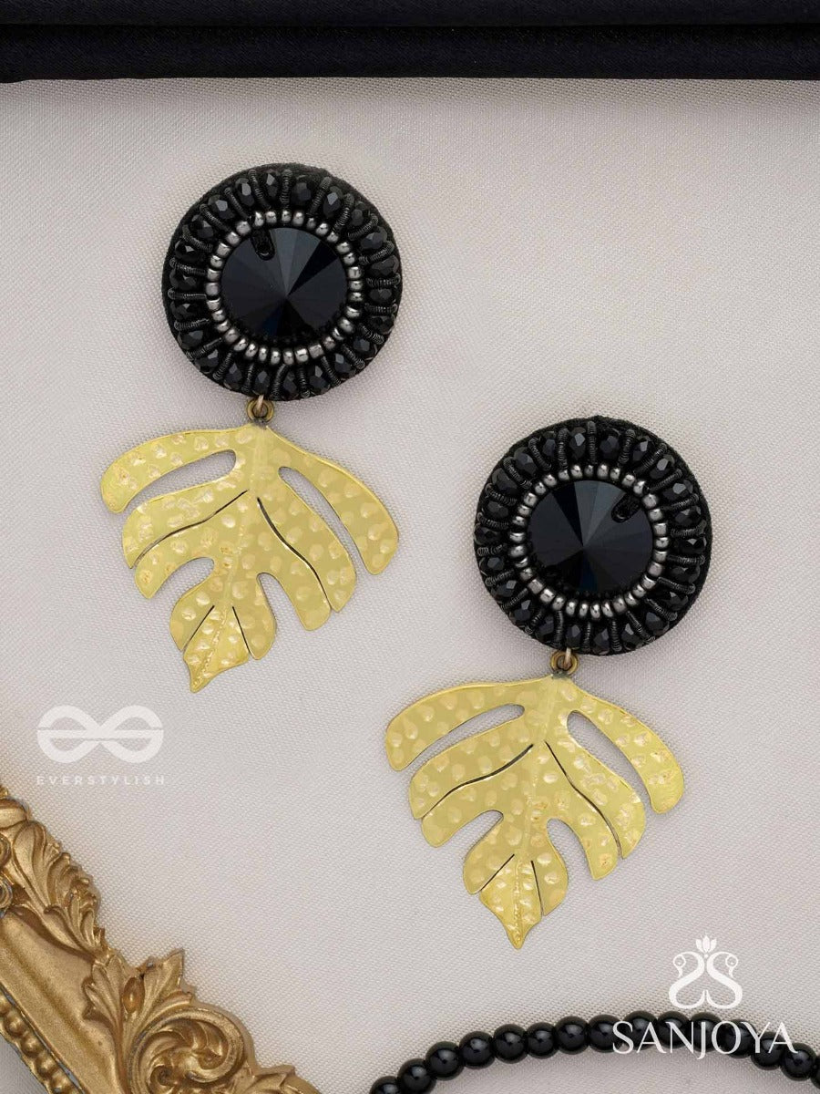 Shravaka - The Dark Leaf - Stone And Beads Embroidered Earrings