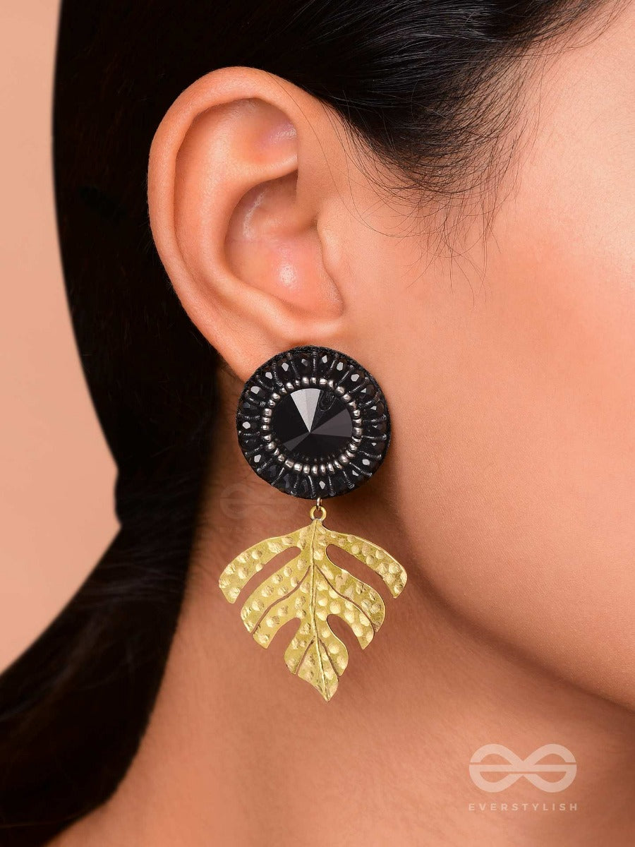 Shravaka - The Dark Leaf - Stone And Beads Embroidered Earrings