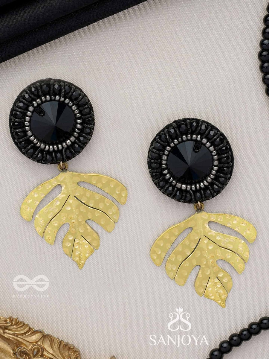 Shravaka - The Dark Leaf - Stone And Beads Embroidered Earrings