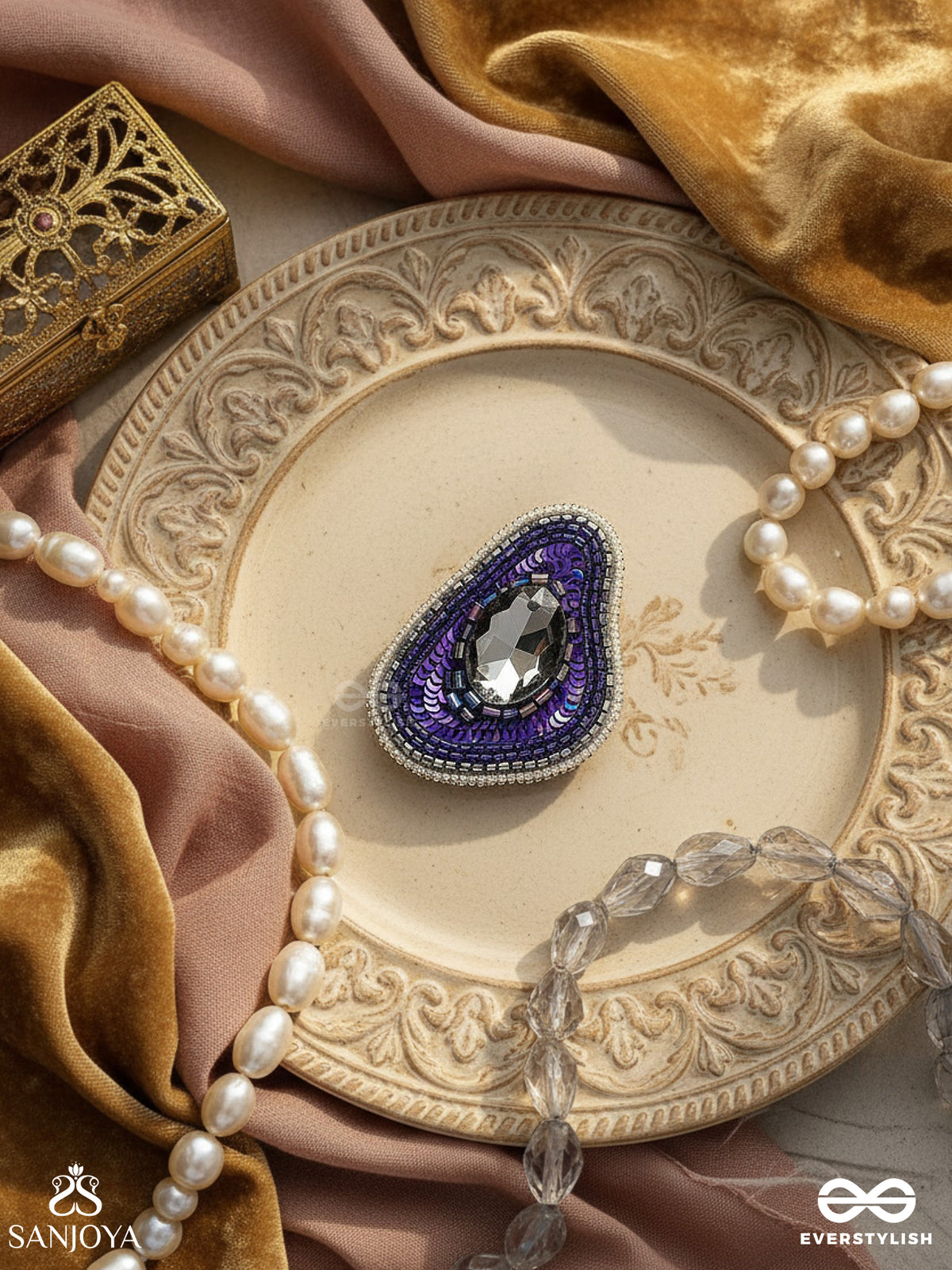 Anavriti - The Unfurling Elegance - Stone, Sequins And Beads Embroidered Ring (Purple)