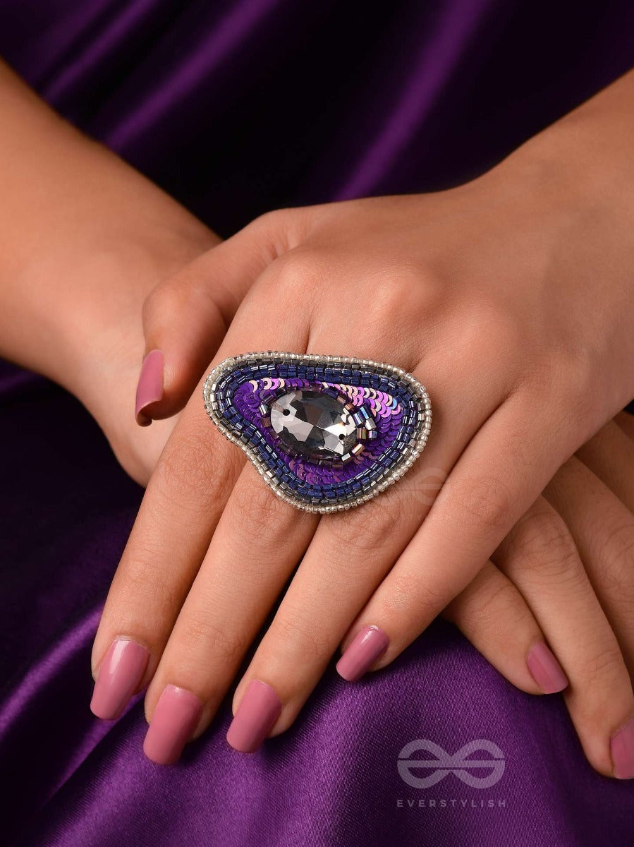 Anavriti - The Unfurling Elegance - Stone, Sequins And Beads Embroidered Ring (Purple)