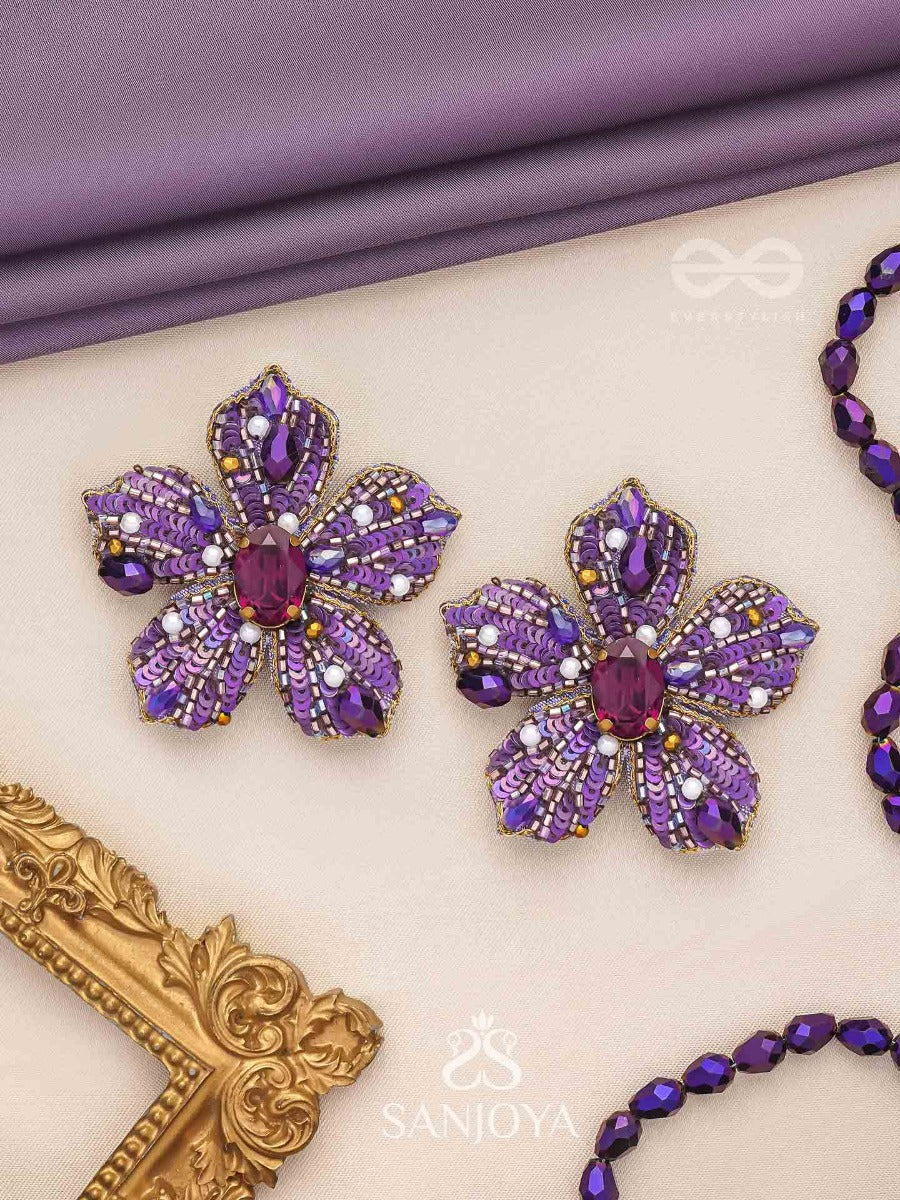 Svabhavika - The Natural Grace - Stone, Sequins And Pearls Embroidered Earrings (Purple)