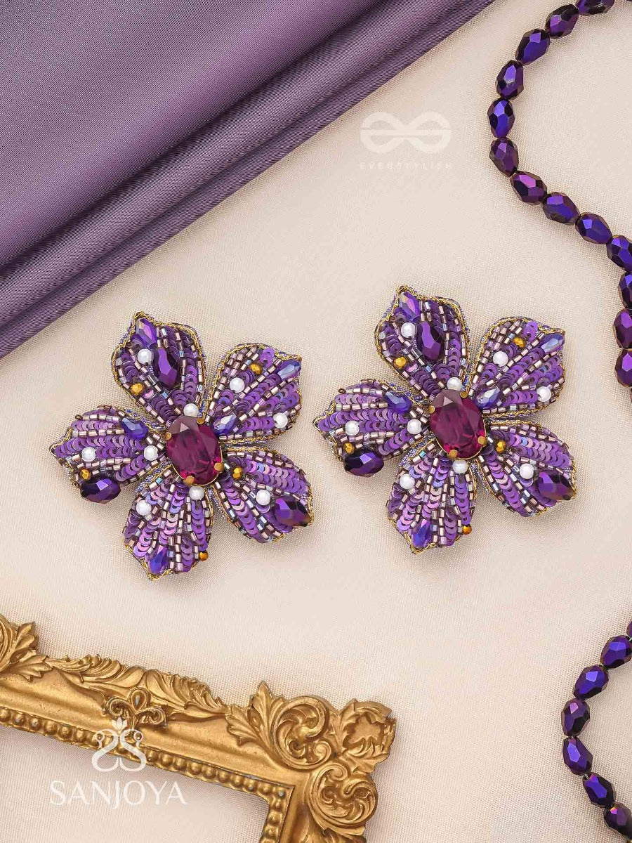 Svabhavika - The Natural Grace - Stone, Sequins And Pearls Embroidered Earrings (Purple)