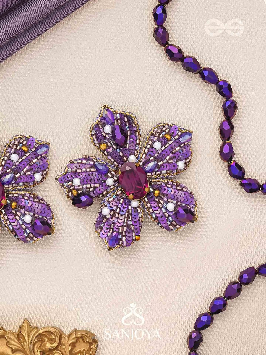 Svabhavika - The Natural Grace - Stone, Sequins And Pearls Embroidered Earrings (Purple)
