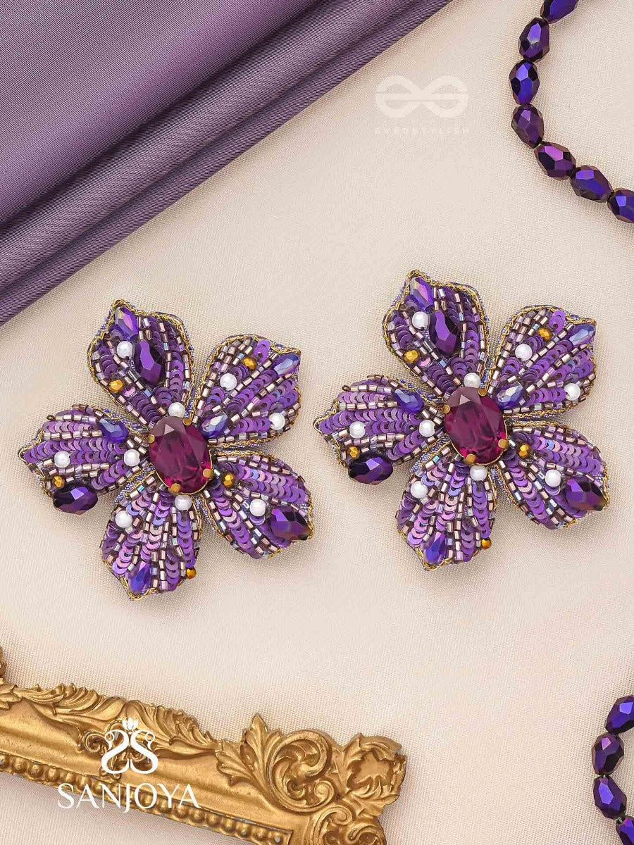 Svabhavika - The Natural Grace - Stone, Sequins And Pearls Embroidered Earrings (Purple)