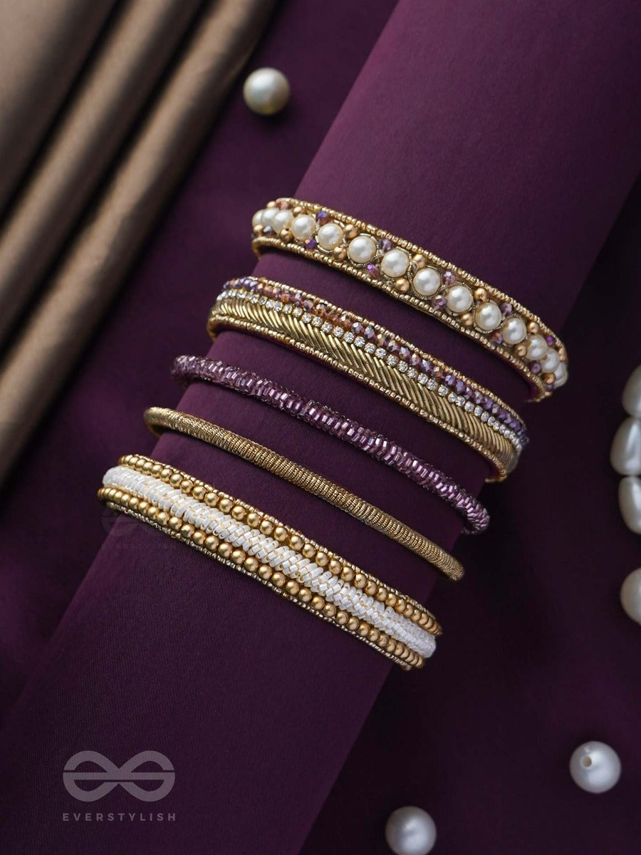 Avibha - The Shiny Galaxy - Pearls, Beads And Cutdana Embroidered Bangles (Set Of 5)