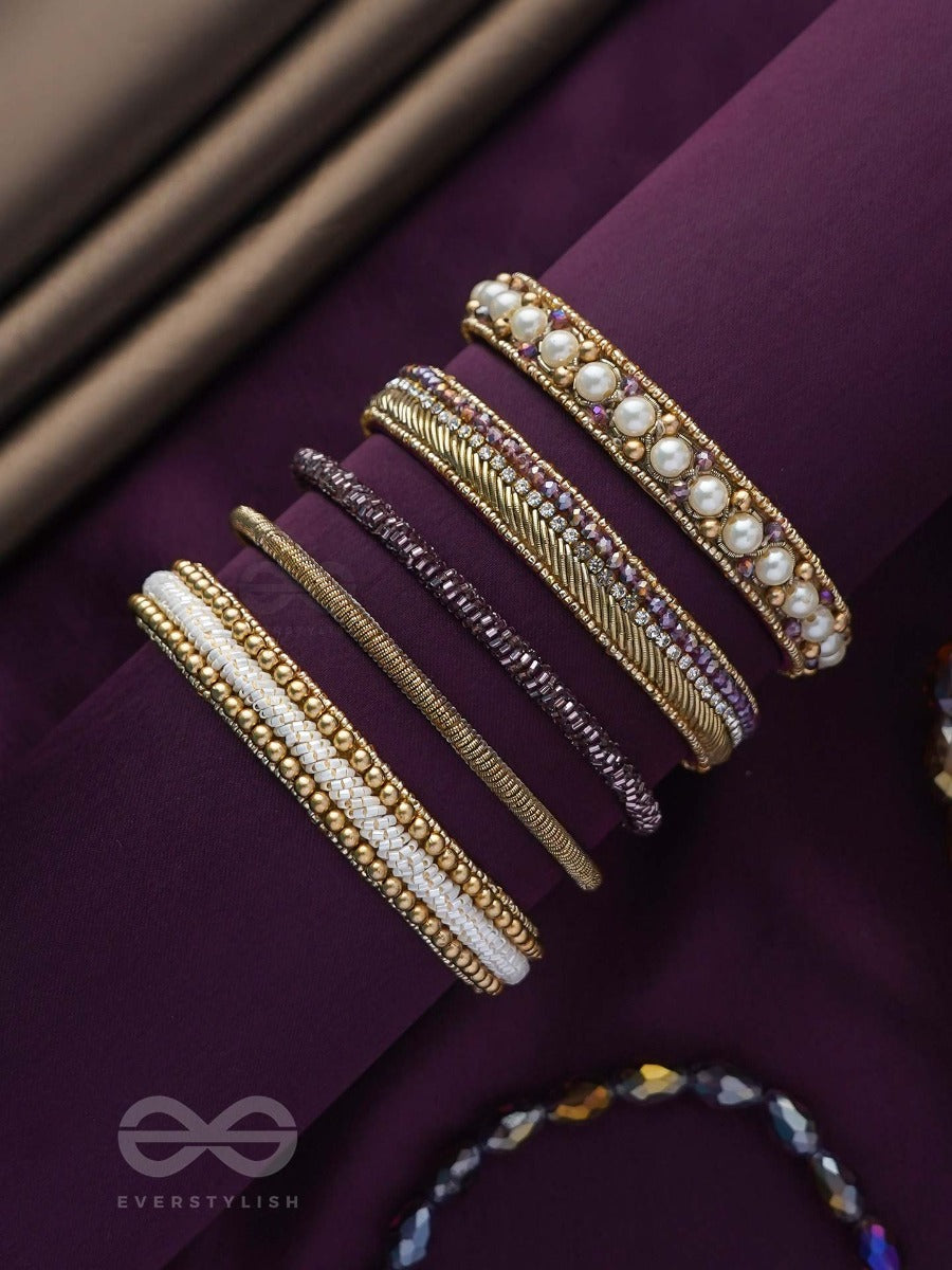 Avibha - The Shiny Galaxy - Pearls, Beads And Cutdana Embroidered Bangles (Set Of 5)