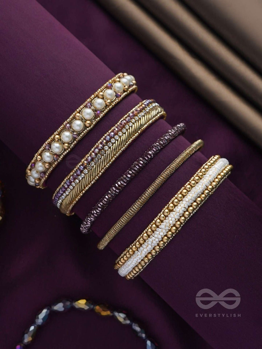 Avibha - The Shiny Galaxy - Pearls, Beads And Cutdana Embroidered Bangles (Set Of 5)