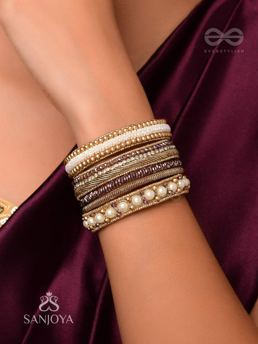 Avibha - The Shiny Galaxy - Pearls, Beads And Cutdana Embroidered Bangles (Set Of 5)