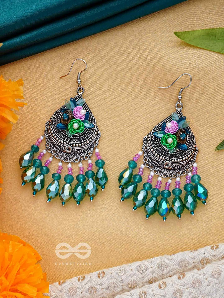 Vrindaranya - The Lush Forest - Sequins, Beads And Glass Drops Embroidered And Oxidised Earrings