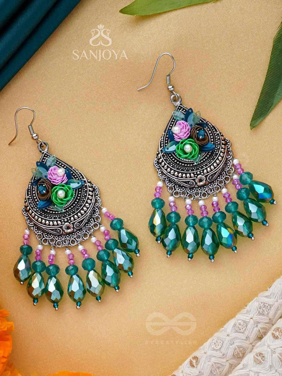 Vrindaranya - The Lush Forest - Sequins, Beads And Glass Drops Embroidered And Oxidised Earrings