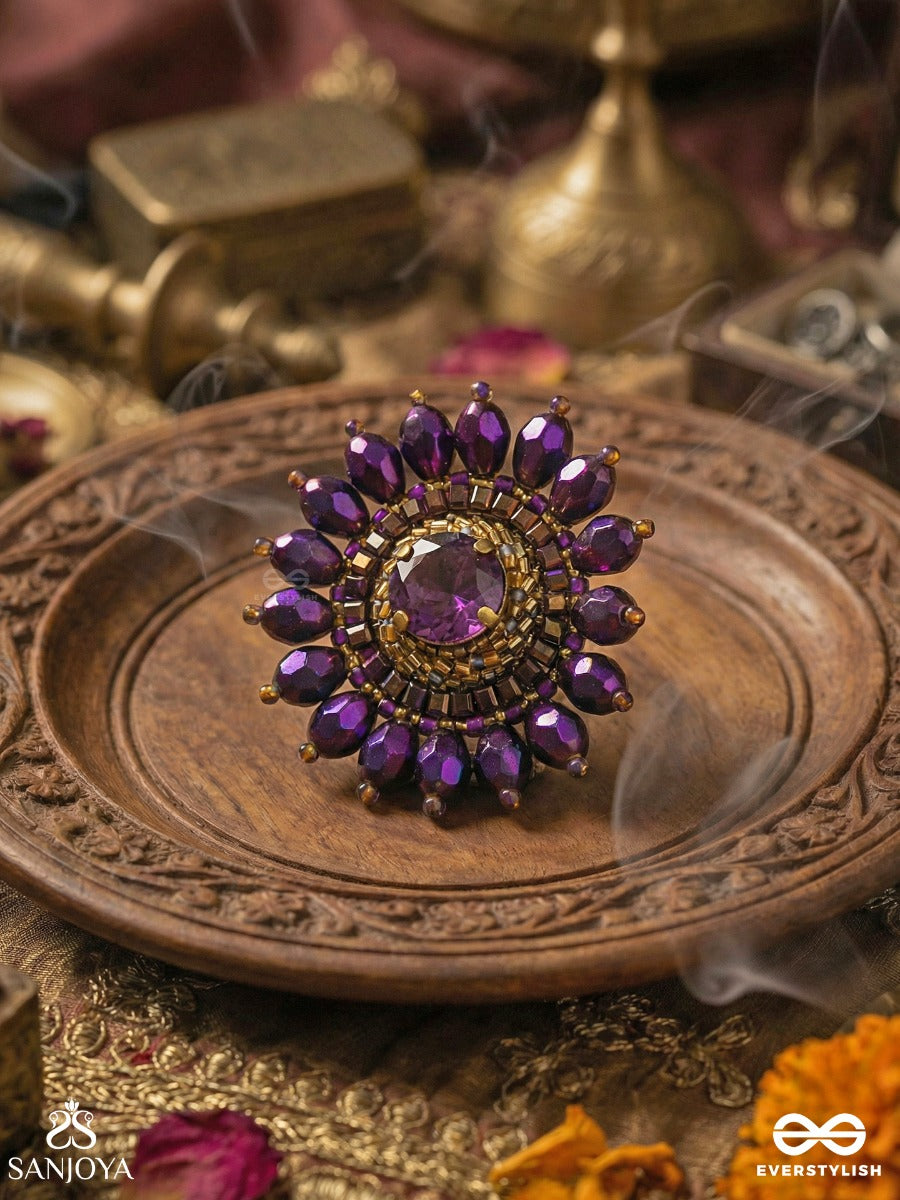 Udyotini - Twinkling Radiance - Stone, Beads And Glass Drops Embroidered Ring (Purple)
