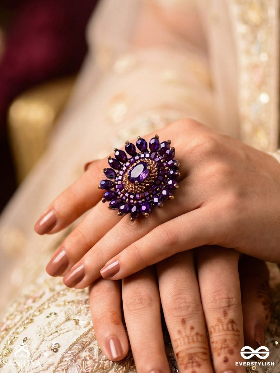 Udyotini - Twinkling Radiance - Stone, Beads And Glass Drops Embroidered Ring (Purple)