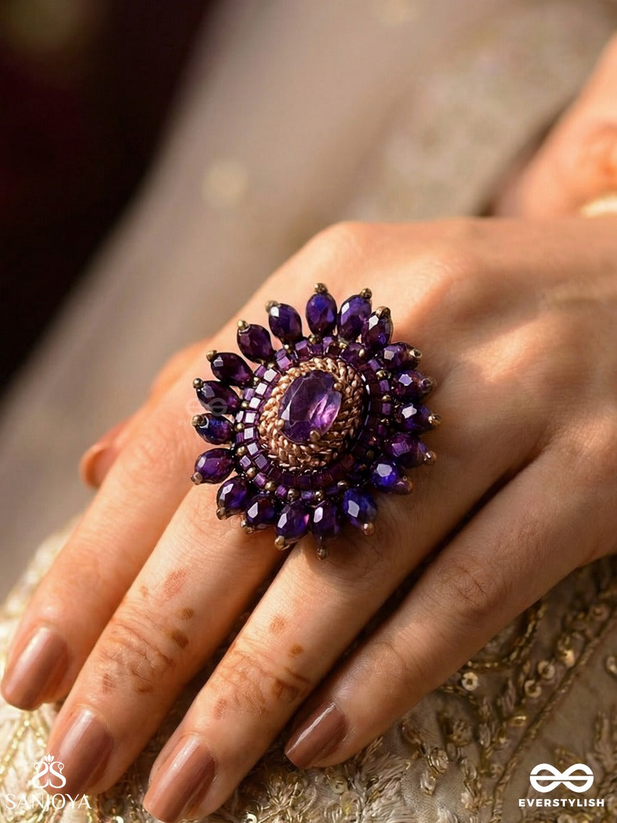 Udyotini - Twinkling Radiance - Stone, Beads And Glass Drops Embroidered Ring (Purple)