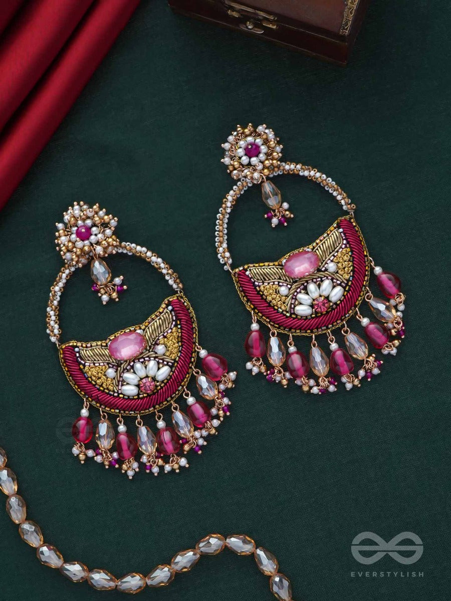 Vilaksana - Unique Sparkling Moments - Stone, Beads, Glass Drops And Pearls Embroidered Earrings (Magenta & Golden)