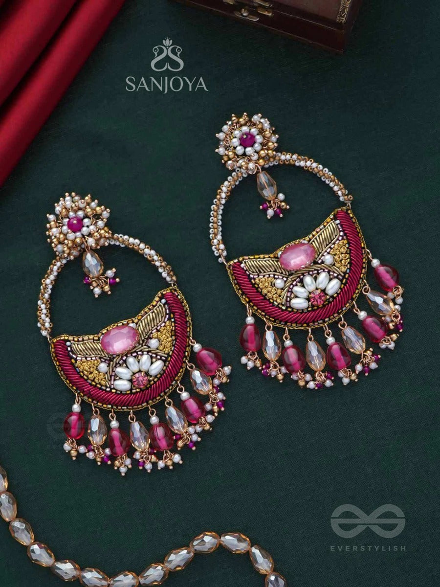 Vilaksana - Unique Sparkling Moments - Stone, Beads, Glass Drops And Pearls Embroidered Earrings (Magenta & Golden)