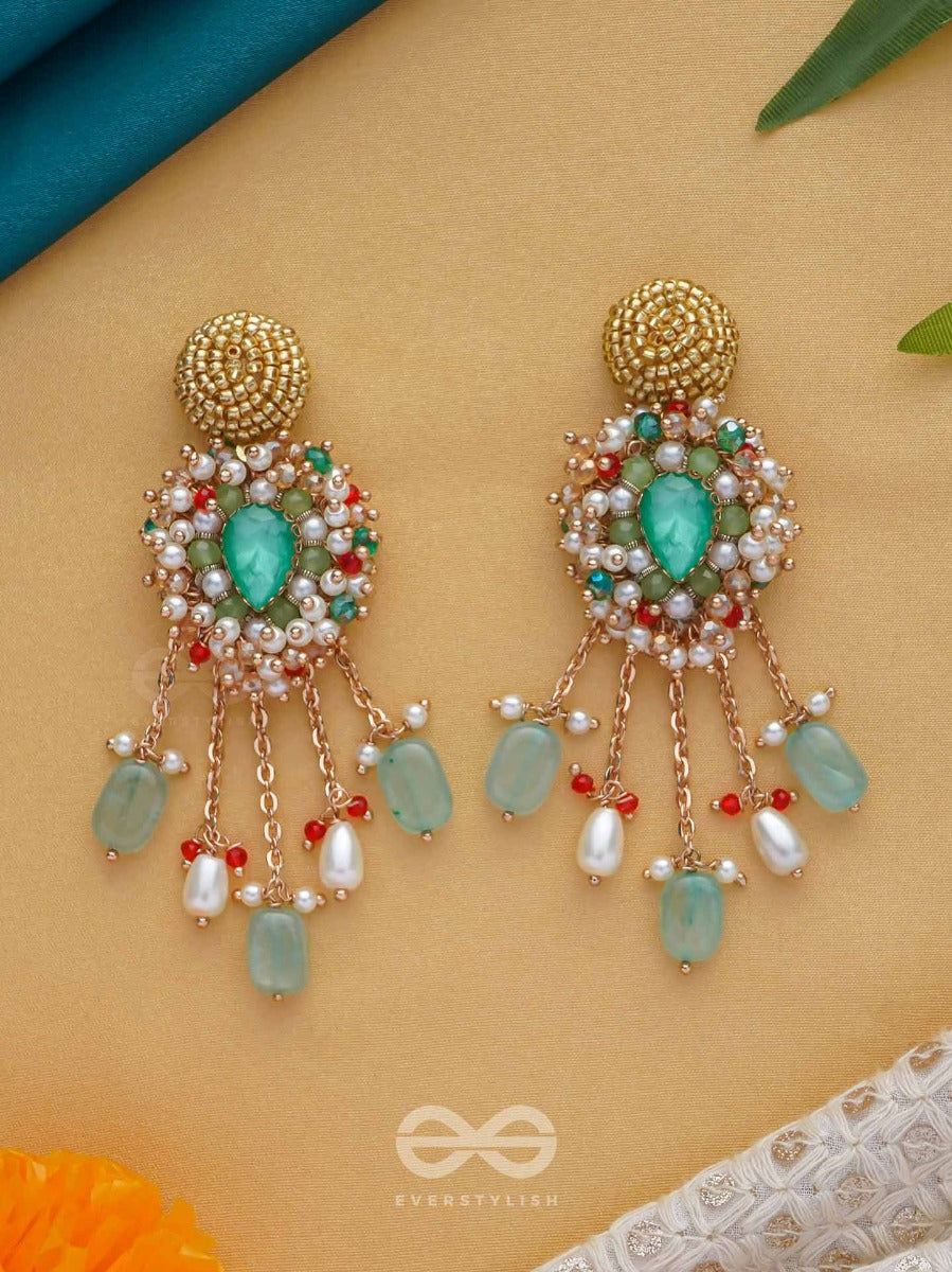 Nirupadrava - The Flawless Beauty - Beads, Stones And Pearl Drops Embroidered Earrings