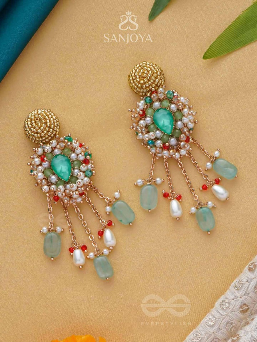 Nirupadrava - The Flawless Beauty - Beads, Stones And Pearl Drops Embroidered Earrings
