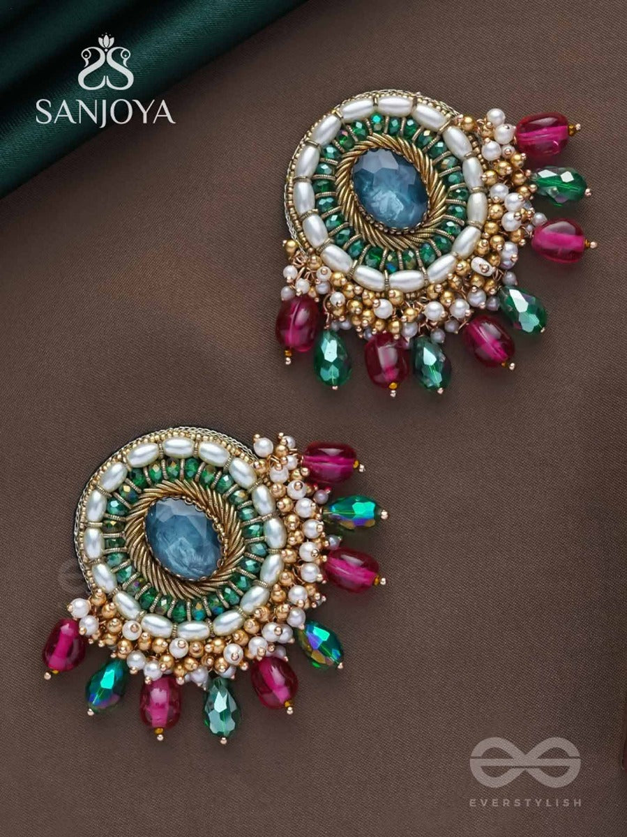 Ritashri - The True Beauty - Stone, Beads And Glass Drops Hand Embroidered Earrings