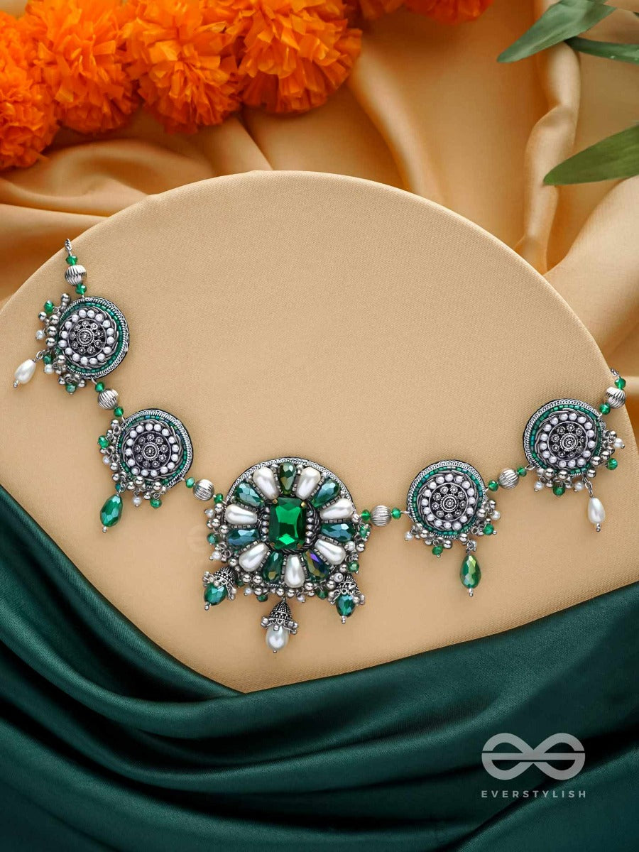 Pradhi - Moon Like Elegance - Glass Drops, Stones And Pearls Embroidered And Oxidised Neckpiece