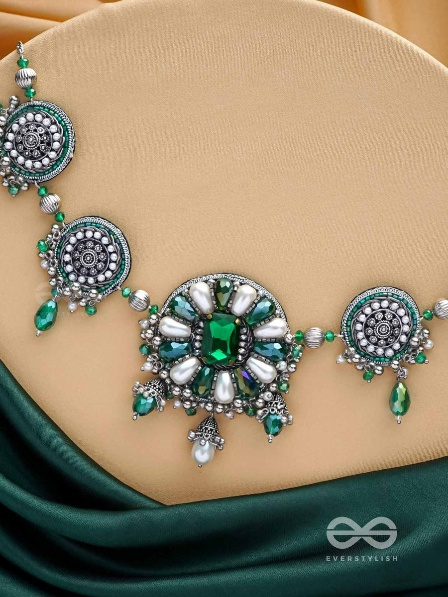Pradhi - Moon Like Elegance - Glass Drops, Stones And Pearls Embroidered And Oxidised Neckpiece