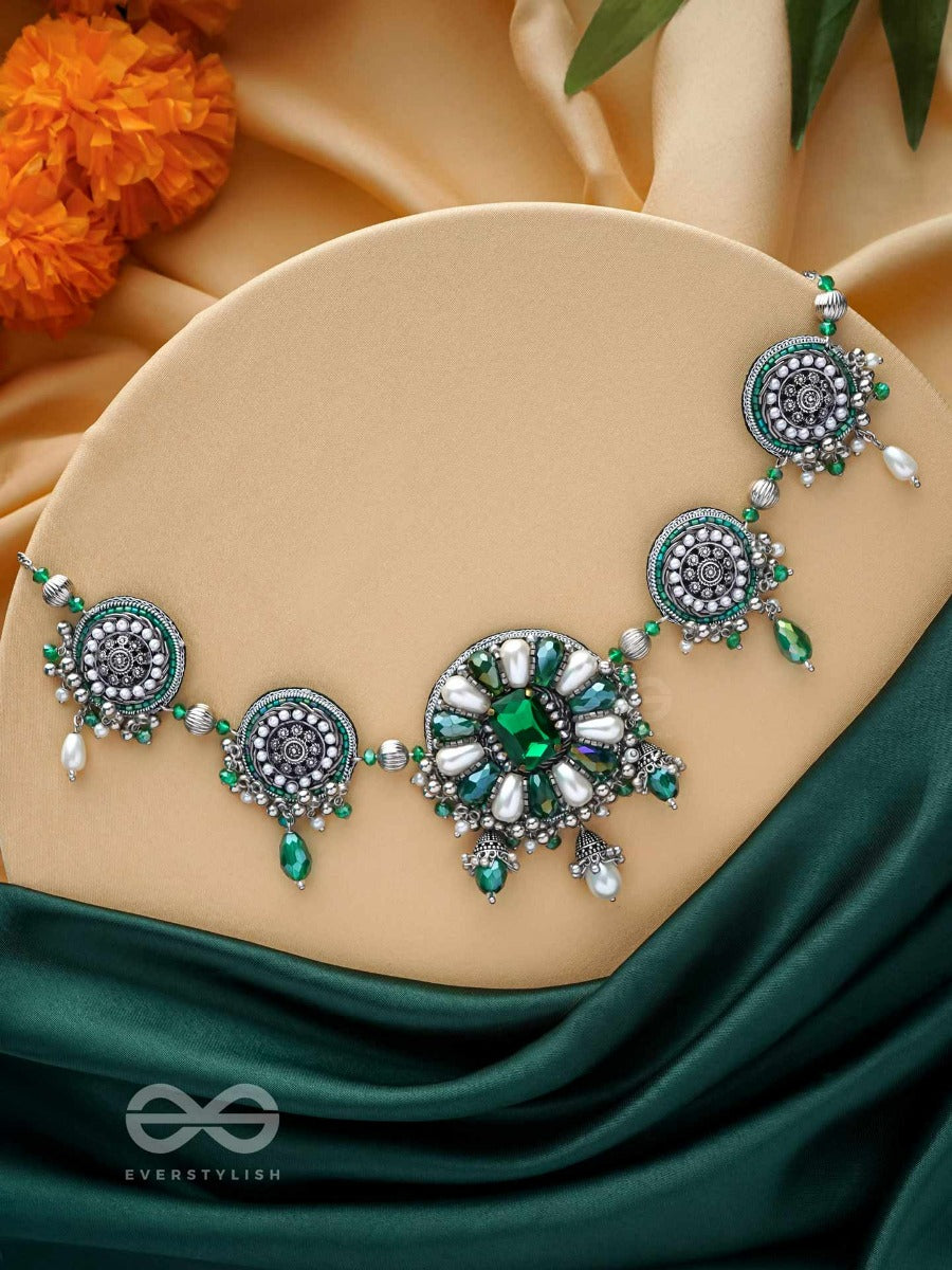 Pradhi - Moon Like Elegance - Glass Drops, Stones And Pearls Embroidered And Oxidised Neckpiece