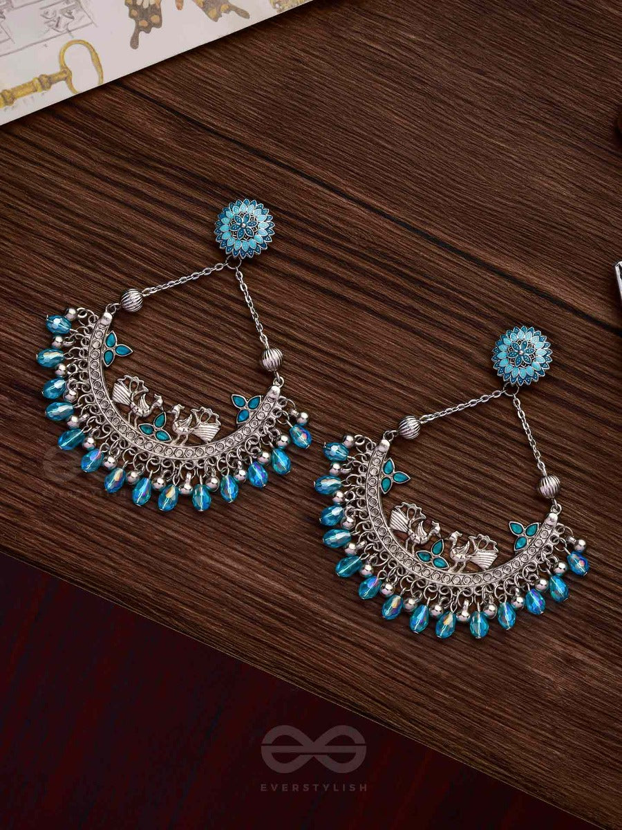 Mystical Peacocks In Blue - Embellished Oxidised Earrings