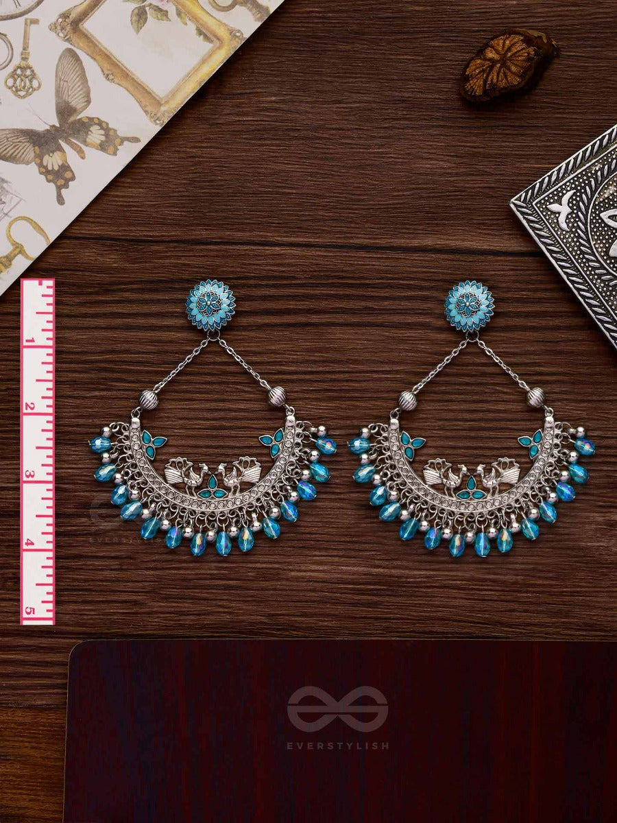 Mystical Peacocks In Blue - Embellished Oxidised Earrings