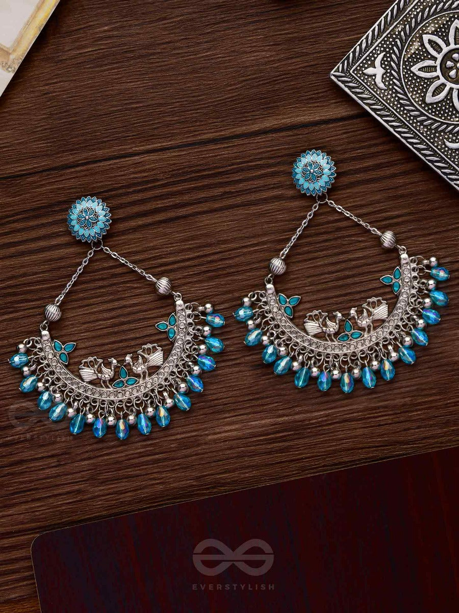 Mystical Peacocks In Blue - Embellished Oxidised Earrings