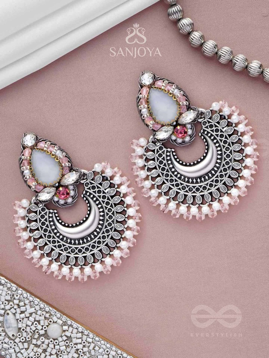 Chandrabhaas - Moon Like Appearance - Beads And Stones Hand Embroidered Oxidised Earrings