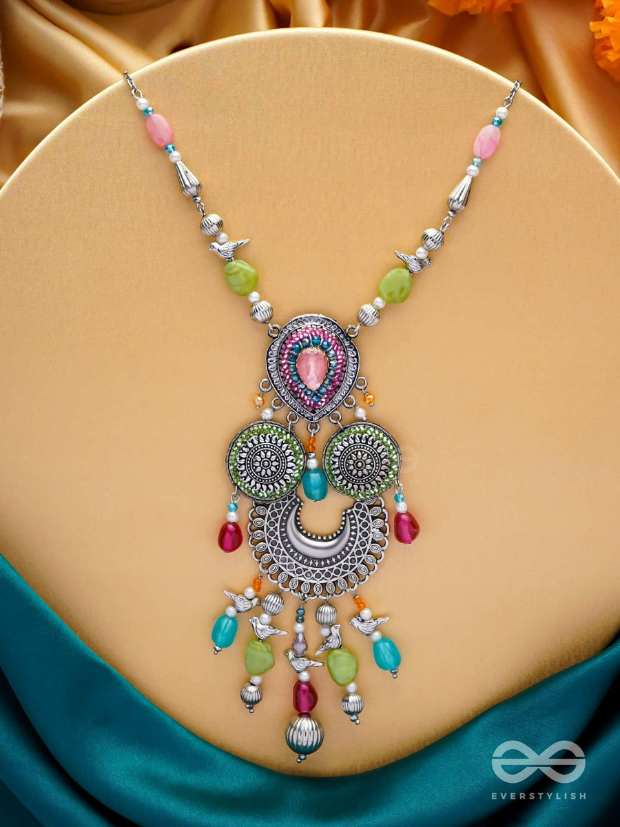 Rangavaridhi - Palette Of Colors - Stones, Beads And Glass Drop Embroidered And Oxidised Neckpiece (Multicolor)