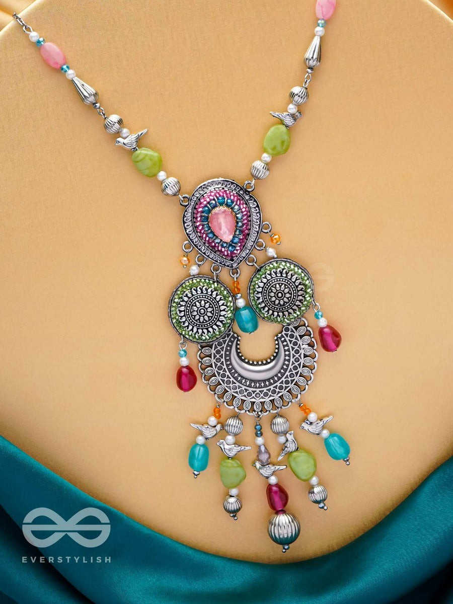 Rangavaridhi - Palette Of Colors - Stones, Beads And Glass Drop Embroidered And Oxidised Neckpiece (Multicolor)