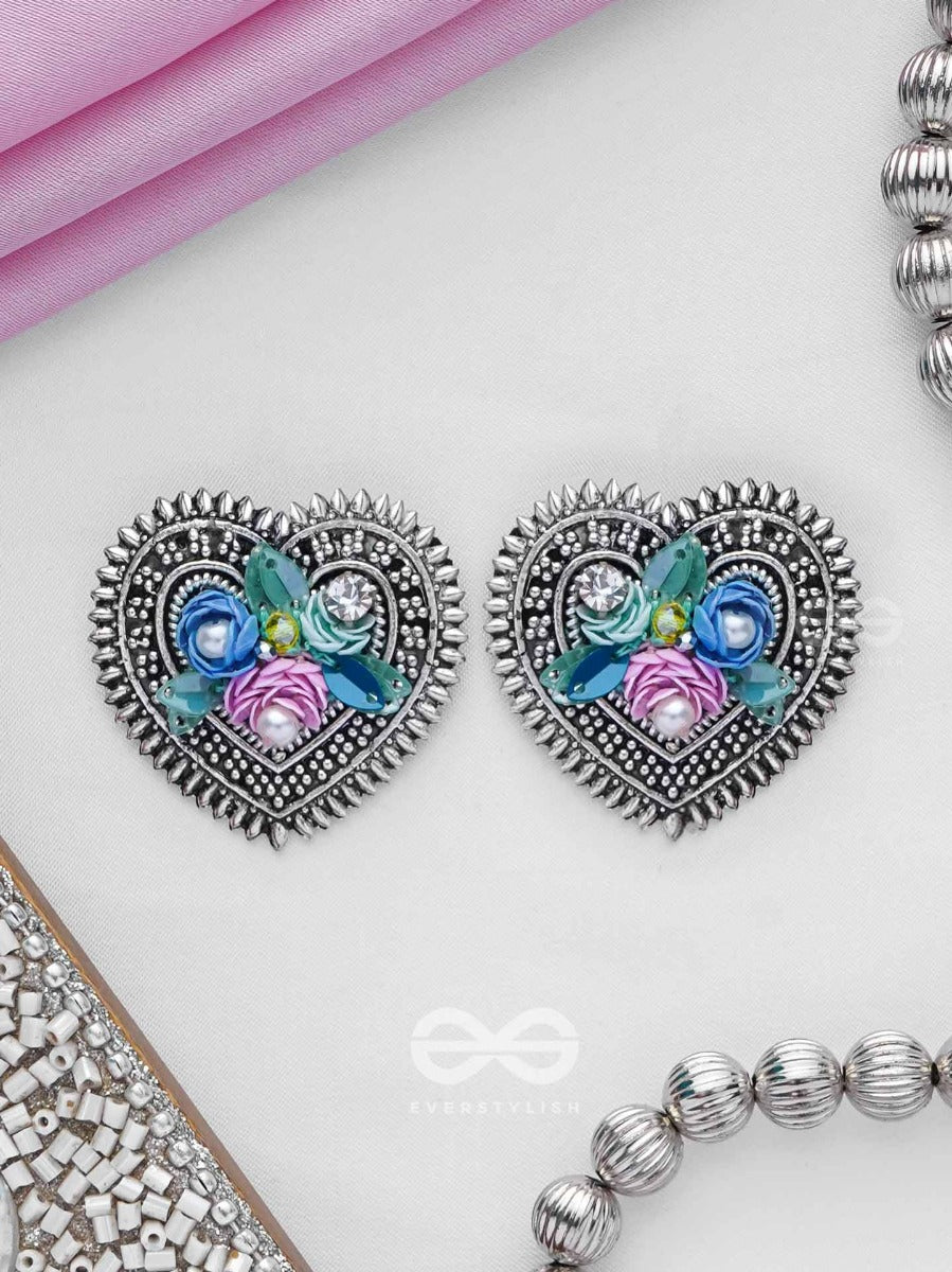 Kusumavarta - The Heart Of Flowers - Sequins, Beads And Pearls Embroidered And Oxidised Stud Earrings