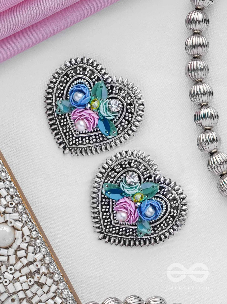 Kusumavarta - The Heart Of Flowers - Sequins, Beads And Pearls Embroidered And Oxidised Stud Earrings