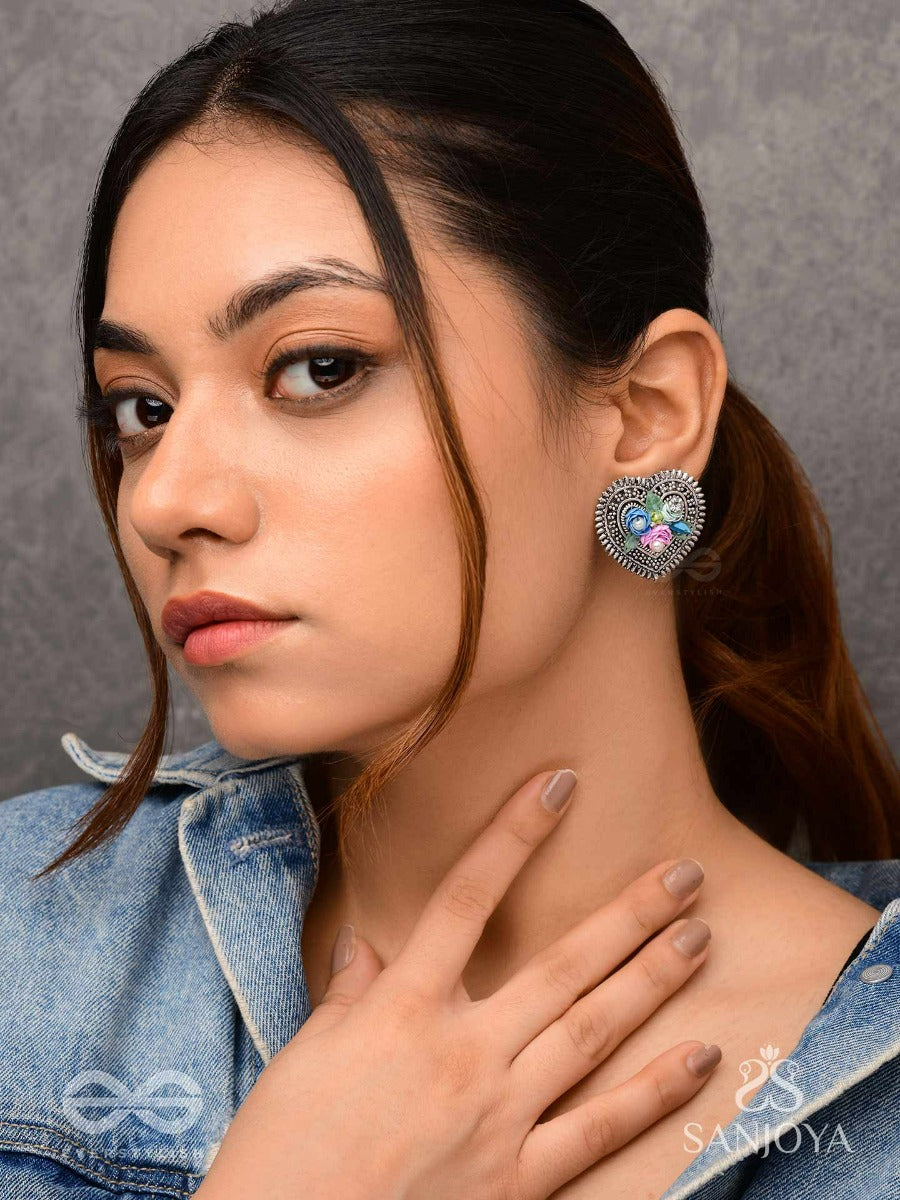 Kusumavarta - The Heart Of Flowers - Sequins, Beads And Pearls Embroidered And Oxidised Stud Earrings