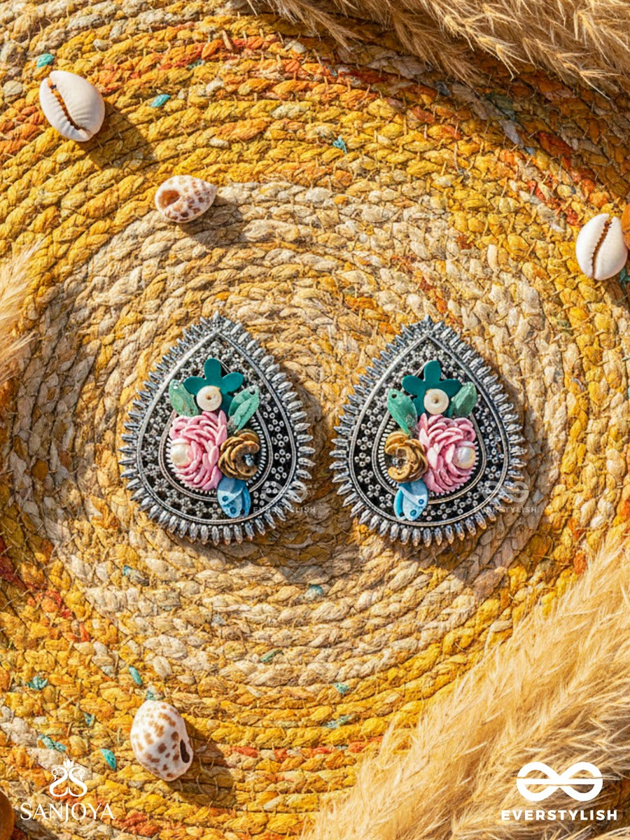 Rimba- The Flower Drop - Sequins And Pearls Embroidered And Oxidised Earrings