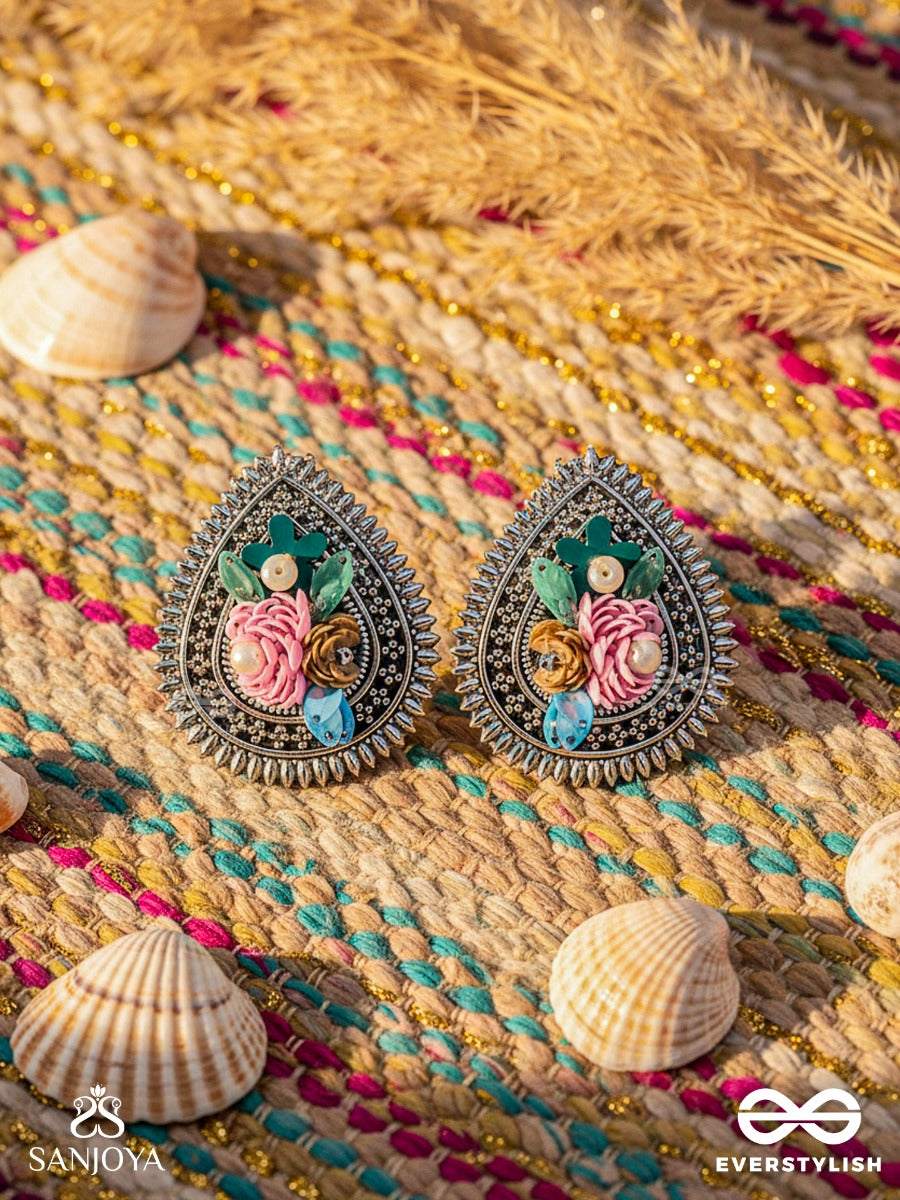 Rimba- The Flower Drop - Sequins And Pearls Embroidered And Oxidised Earrings