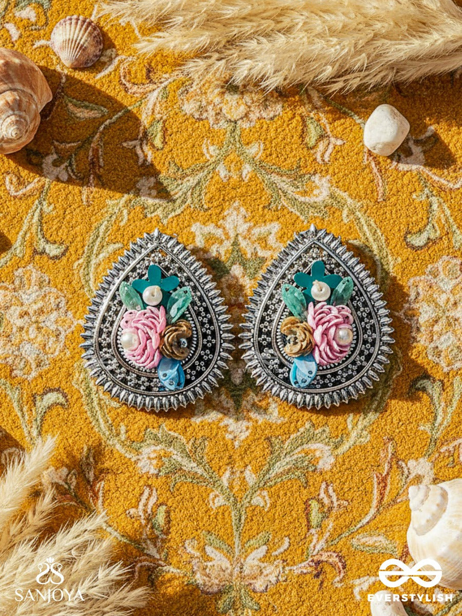 Rimba- The Flower Drop - Sequins And Pearls Embroidered And Oxidised Earrings