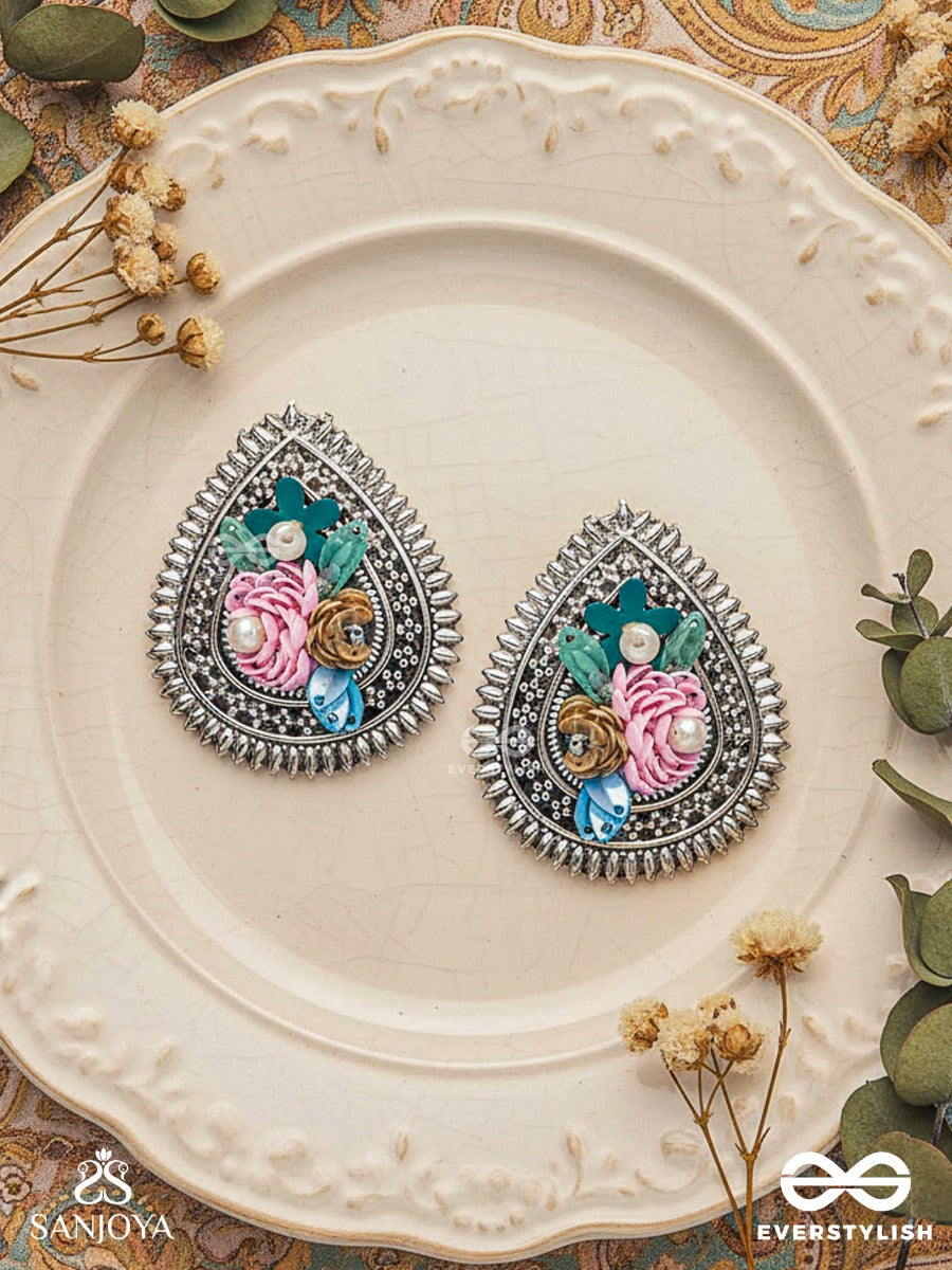 Rimba- The Flower Drop - Sequins And Pearls Embroidered And Oxidised Earrings