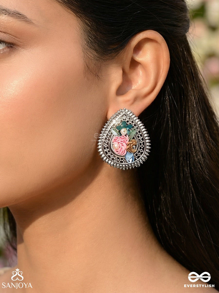Rimba- The Flower Drop - Sequins And Pearls Embroidered And Oxidised Earrings