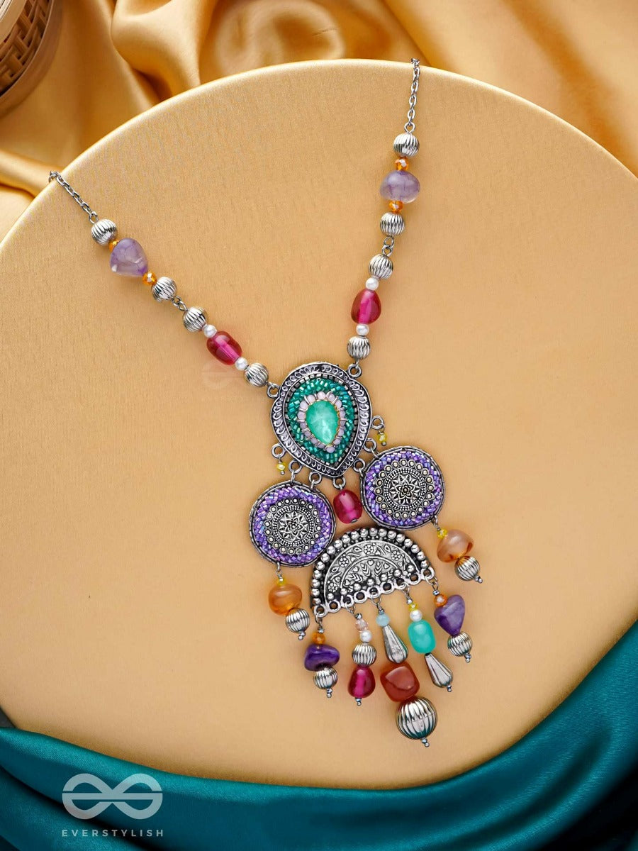 Chitravarna - The Colorful Charms - Stone And Glass Drops Embroidered And Oxidised Neckpiece (Multicolor)