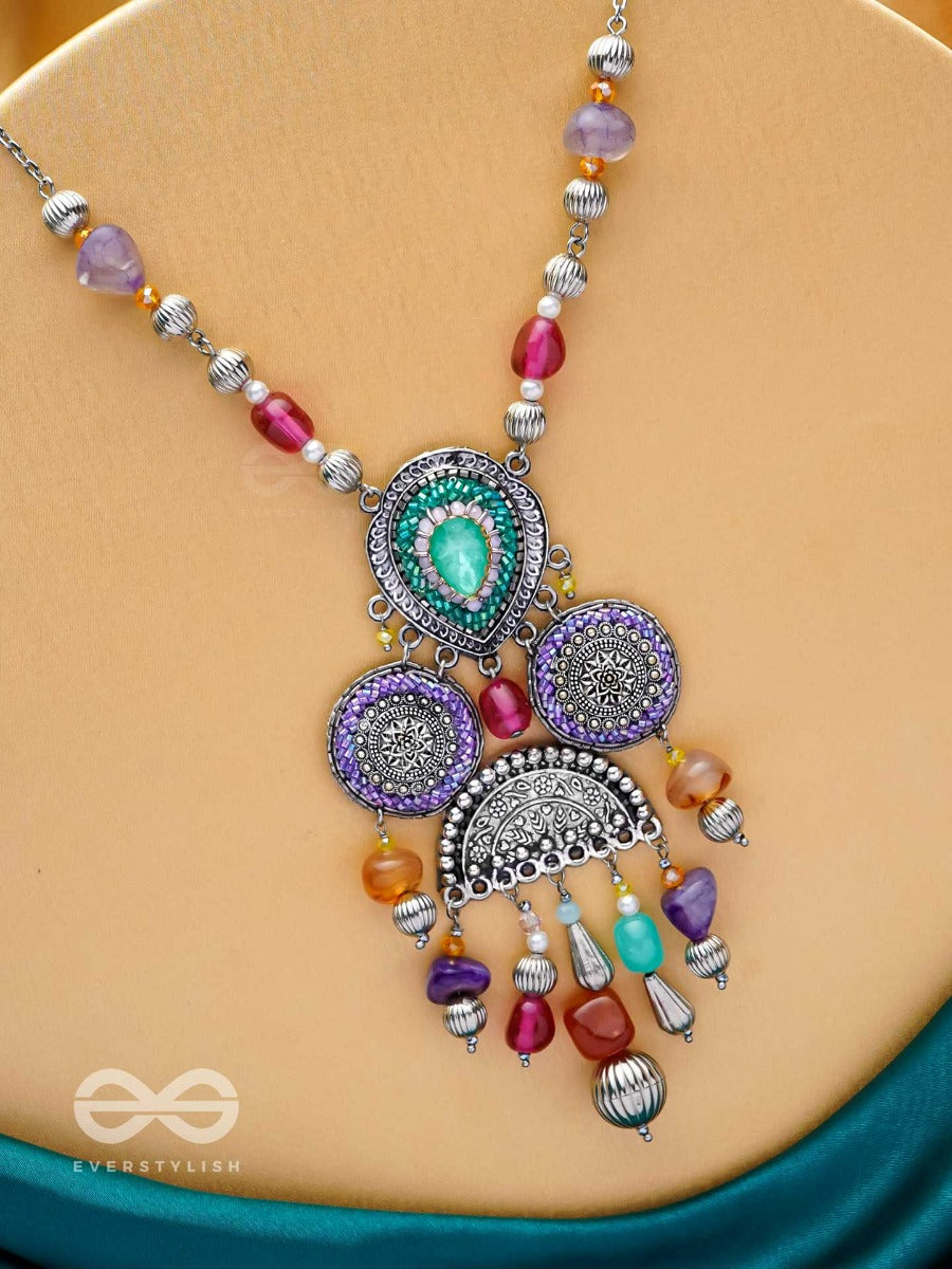 Chitravarna - The Colorful Charms - Stone And Glass Drops Embroidered And Oxidised Neckpiece (Multicolor)