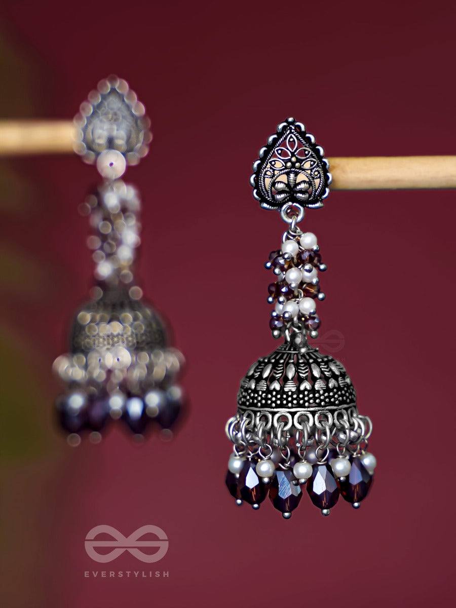 The Tinsel Swirls - Beaded Oxidised Jhumka Earrings (Brown)