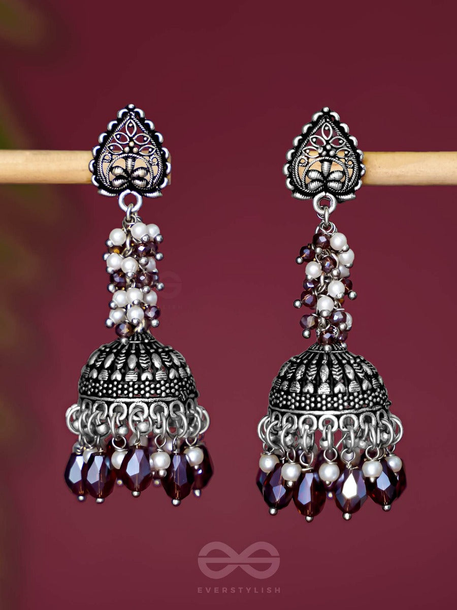 The Tinsel Swirls - Beaded Oxidised Jhumka Earrings (Brown)